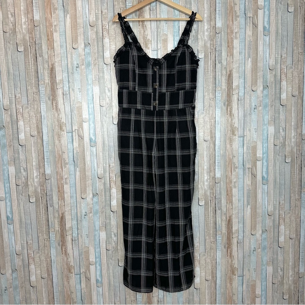Crescent L‎ Black Plaid Printed Wide Flared Leg Ruffled Jumpsuit Boho Academia
